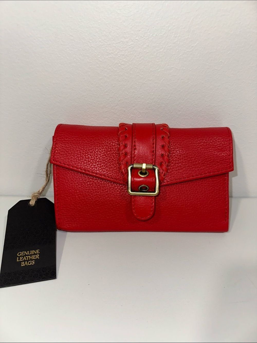 GLB Red Genuine Leather Braided Buckle Snap & Flap Front Wallet